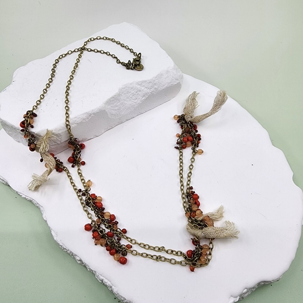 LOFT Antique Gold Tone Beaded Tassel Multi Strand Necklace Boho Statement Gift